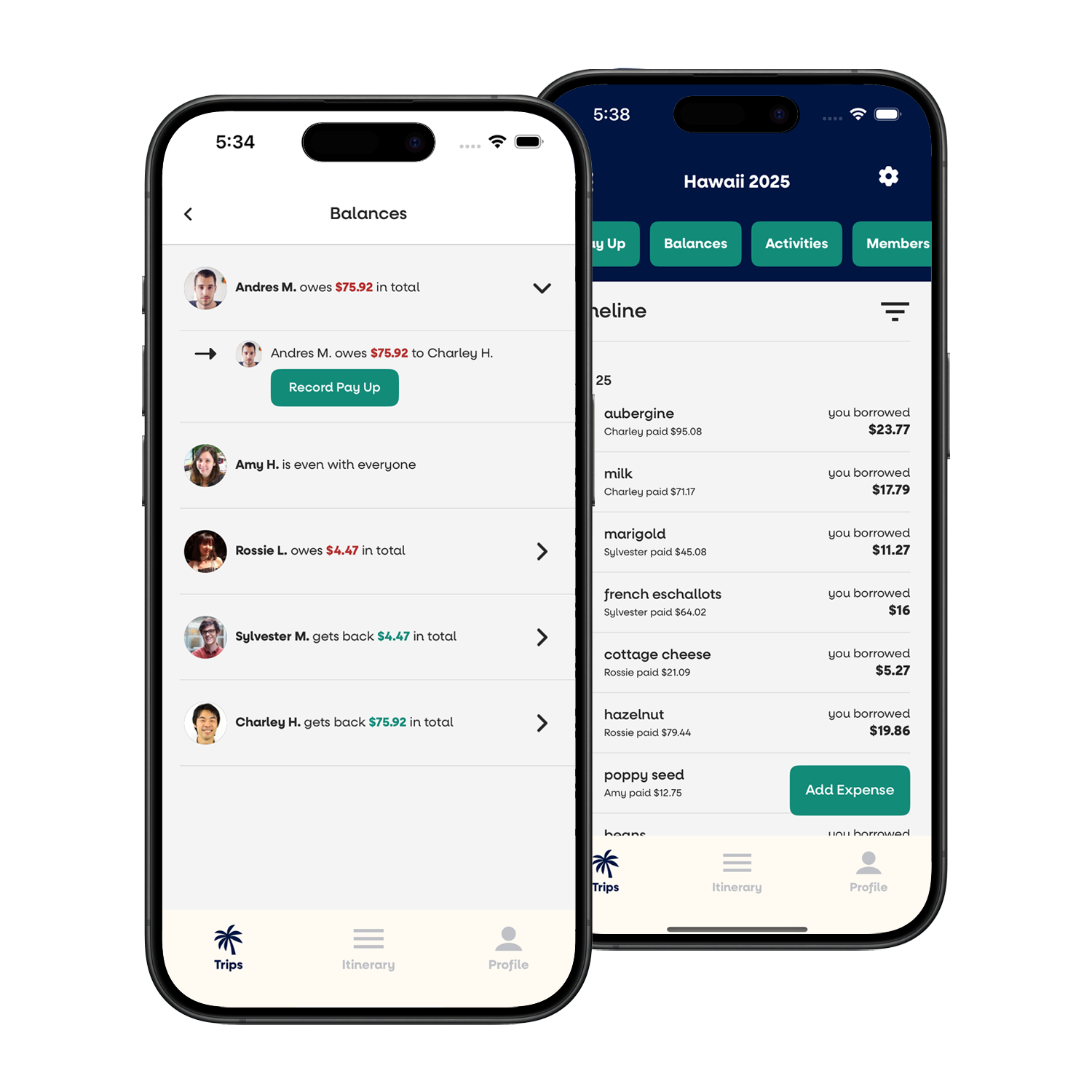 GamePlan app showing trip planning and expense splitting features